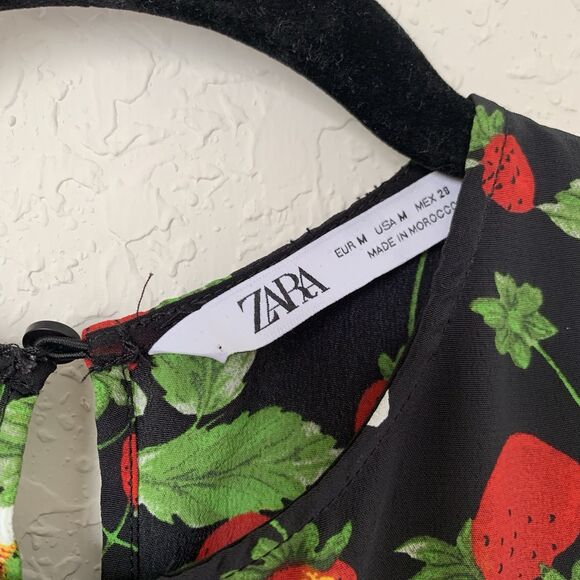 Zara Romper Jumpsuit Women M Black Strawberry Floral Long Sleeve Festival Party - Picture 6 of 11